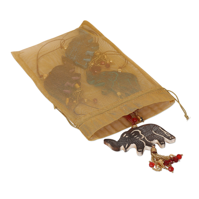 Holzornamente, (4er-Set) - 4 Elefanten-Ornamente aus Mangoholz mit Perlenquasten