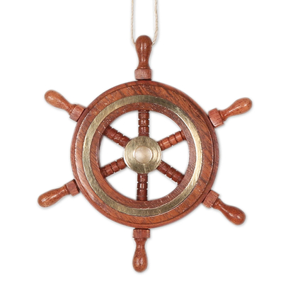 Adornos de madera y latón, '¡Ahoy!' (juego de 3) - Juego de 3 adornos de rueda de barco de madera