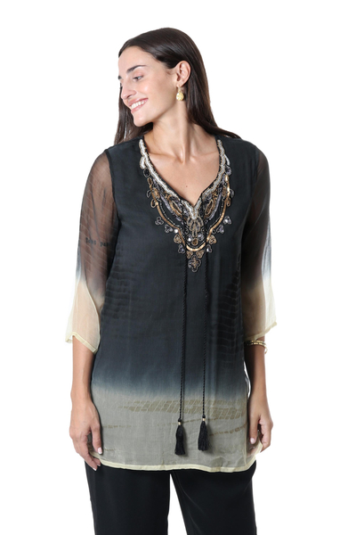 Beaded tie-dyed viscose tunic, 'Magical Glamour' - Tie-Dyed Viscose Tunic with Glass Bead Detail