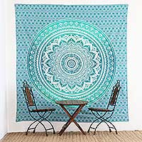 Cotton wall hanging, 'Emerald Mandala' - Hand Crafted Cotton Floral-Motif Wall Hanging