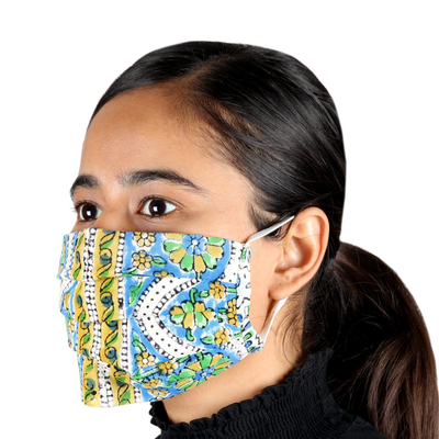 Gesichtsmasken aus Baumwolle, (3er-Set) - 3 plissierte Baumwollmasken mit indischem Blockdruck in Blau und Gelb