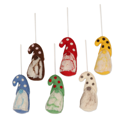 Wool felt ornaments, 'Holiday Gnomes' (set of 6) - Wool Felt Gnome Ornaments (Set of 6)