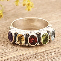 Anillo de cóctel con múltiples piedras preciosas - Anillo de cóctel de plata de ley con múltiples piedras preciosas facetadas