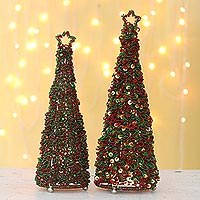 Glass beaded holiday decor, 'Sparkling Christmas' (pair) - Hand Threaded Glass Beaded Christmas Tree Ornaments (Pair)
