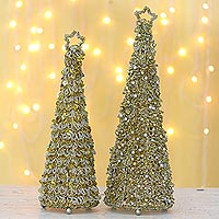 Glass beaded holiday decor, 'Sparkling Glow' (pair) - Glass Beaded Christmas Tree Holiday Decor (Pair)