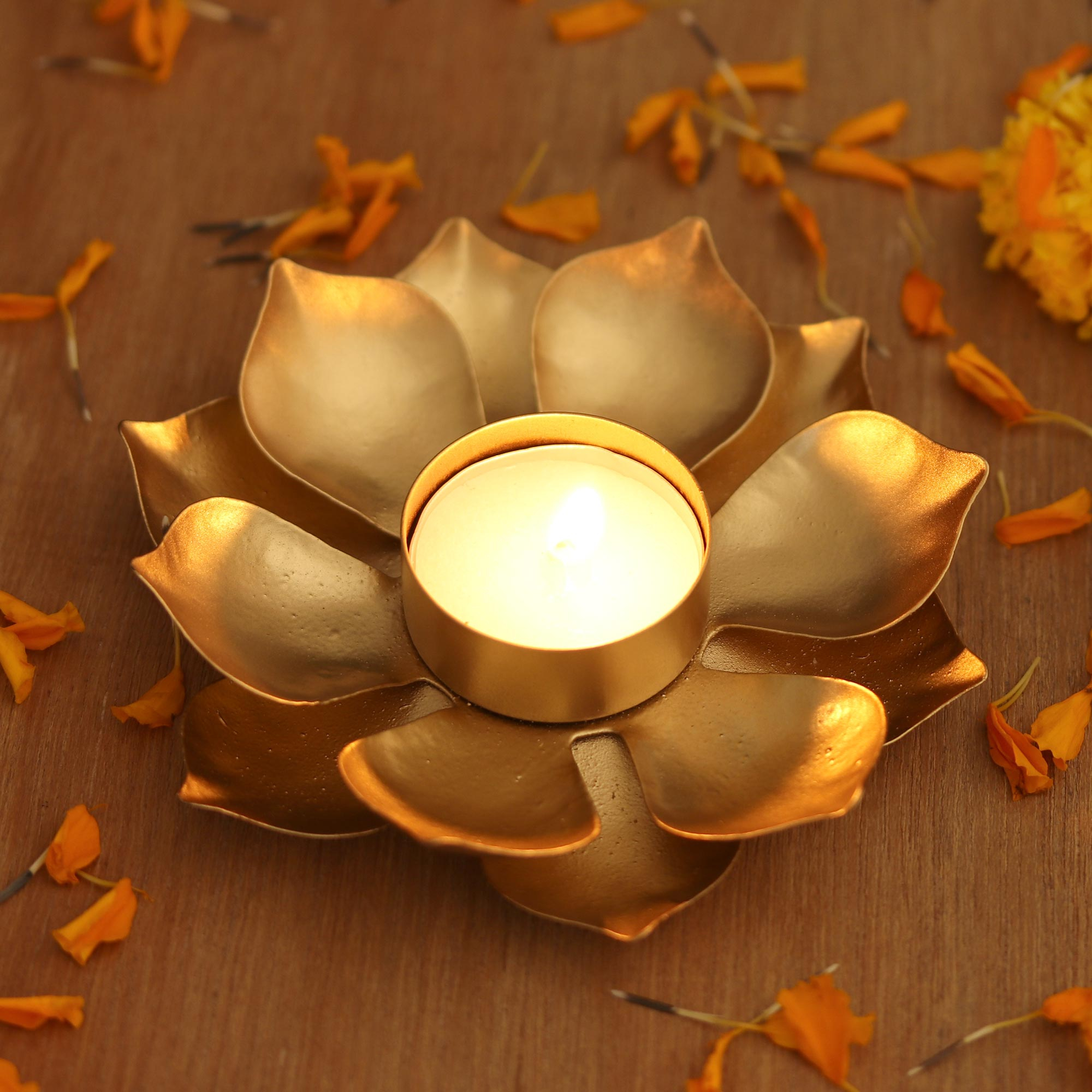 Gold Finish Steel Lotus Blossom Tealight Candleholder - Golden