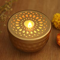 Steel tealight candleholder, 'Dancing Light' - Gold Finish Steel Tealight Candleholder with Jali Cutouts
