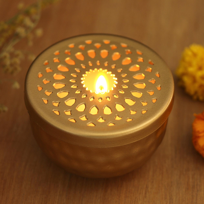 Steel tealight candleholder, 'Dancing Light' - Gold Finish Steel Tealight Candleholder with Jali Cutouts