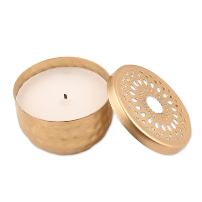 Golden candleholder, 'Dancing Light' - Gold Finish Tealight Candle and Holder with Jali Cutouts