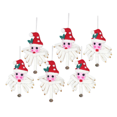 Ornamente aus Wollfilz, 'Weihnachtsclowns' (6-teiliger Satz) - 6er-Set Weihnachts-Clown-Ornamente aus Wollfilz