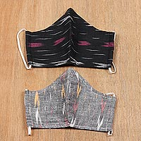 Baumwoll-Gesichtsmasken, „Ikat-Stil“ (Paar) – 2-lagig, 1 schwarze und 1 graue authentische Ikat-Baumwollmasken (Paar)