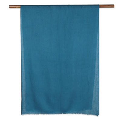 Schal aus Woll- und Seidenmischung, „Teal Appeal“ – Gewebter blaugrüner Schal aus Wolle und Seide aus Indien