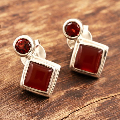 Carnelian and garnet drop earrings, 'Harmony in Red' - Carnelian and Garnet Sterling Silver Drop Earrings