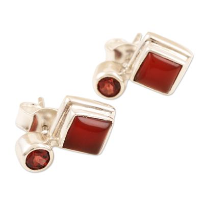 Carnelian and garnet drop earrings, 'Harmony in Red' - Carnelian and Garnet Sterling Silver Drop Earrings
