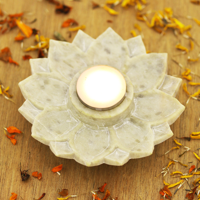 Soapstone tealight holder, 'Lotus Glory' - Hand Carved Soapstone Tealight Holder