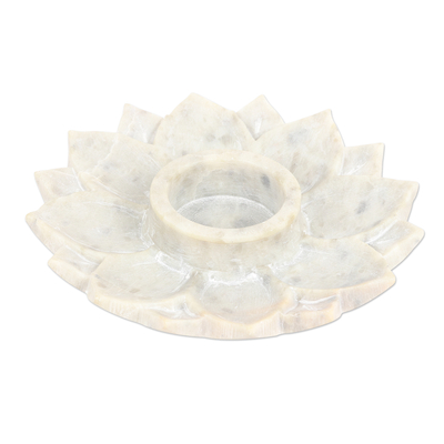 Soapstone tealight holder, 'Lotus Glory' - Hand Carved Soapstone Tealight Holder