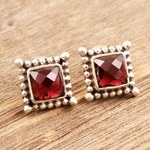 Garnet stud earrings, 'Picture Perfect in Red' - Checkerboard Faceted Garnet Sterling Silver Stud Earrings