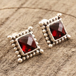 Garnet stud earrings, 'Picture Perfect in Red' - Checkerboard Faceted Garnet Sterling Silver Stud Earrings
