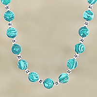 Malachite beaded necklace, 'Green Mirror' - Sterling Silver and Malachite Beaded Necklace from India