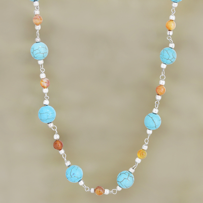 Calcite and carnelian beaded necklace, 'Hot and Cool' - Calcite and Carnelian Beaded Necklace from India