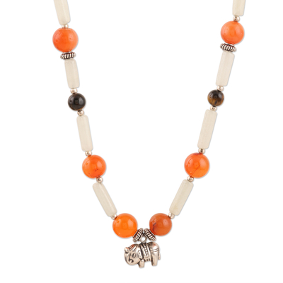 Multi-gemstone pendant necklace, 'Elephant Beauty' - Carnelian and Moonstone Elephant Pendant Necklace
