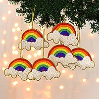 Beaded velvet ornaments, 'Rainbow Delight' (set of 6) - Beaded Rainbow Ornaments from India (Set of 6)