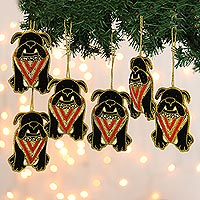 Beaded velvet ornaments, 'Bulldog Cheer' (set of 6) - Bulldog Christmas Ornaments from India (Set of 6)