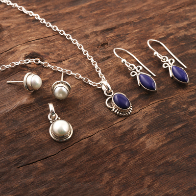 Cultured pearl and lapis lazuli Jewellery set, 'Ocean Treasure' - Handmade Cultured Pearl and Lapis Lazuli Jewellery Set