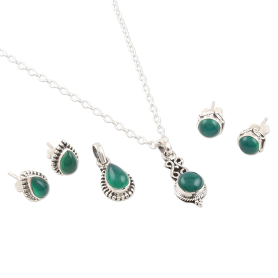 Onyx jewelry set, 'Garden Muse' - Hand Made Green Onyx and Sterling Silver Jewelry Set