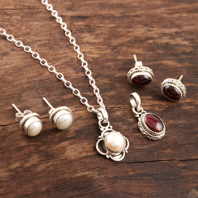 Freshwater pearl and garnet Jewellery set, 'Pure Romance' - Handmade Garnet and Freshwater Pearl Jewellery Set