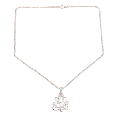 Sterling silver pendant necklace, 'Pensive Ganesha' - Hand Made Sterling Silver Ganesha Pendant Necklace
