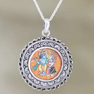 Sterling silver pendant necklace, 'Feminine and Masculine' - Sterling Silver Krishna and Radha Pendant Necklace