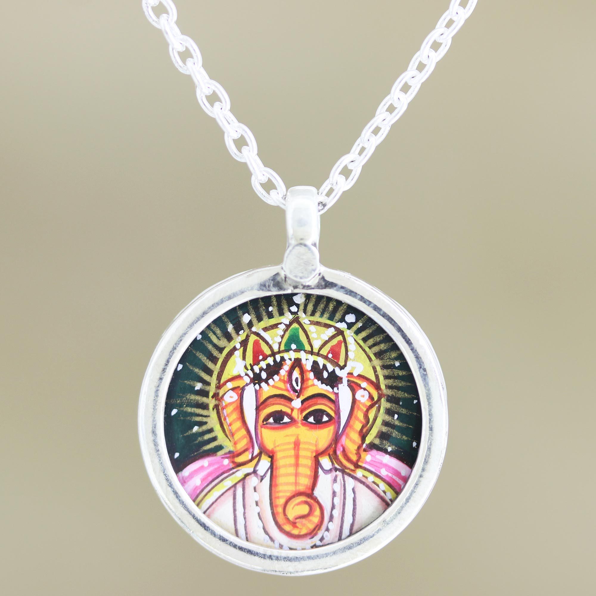 Hand Painted Sterling Silver Ganesha Pendant Necklace - NOVICA Hand Painted Sterling Silver Ganesha Pendant Necklace - NOVICA