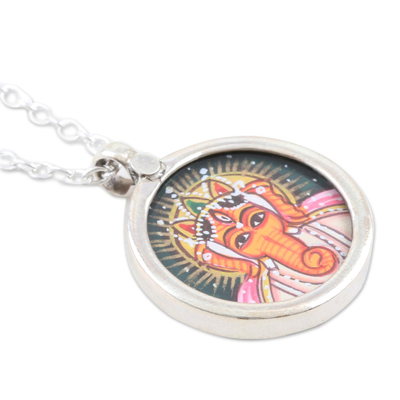 Collar colgante de plata de ley, 'Dios de la Sabiduría' - Collar colgante Ganesha de plata de ley pintado a mano