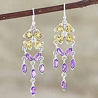 Citrine and amethyst dangle earrings, 'Chandelier in Purple' - Hand Crafted Citrine and Amethyst Dangle Earrings