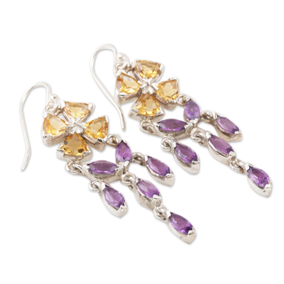 Citrine and amethyst dangle earrings, 'Chandelier in Purple' - Hand Crafted Citrine and Amethyst Dangle Earrings
