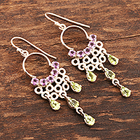Peridot and amethyst dangle earrings, 'Spring Haze in Purple' - Hand Made Peridot and Amethyst Dangle Earrings