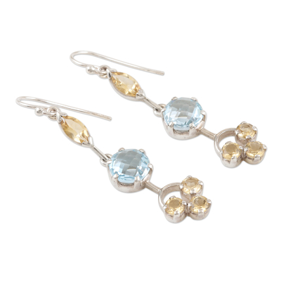 Citrine and blue topaz dangle earrings, 'New Dream in Blue' - Artisan Crafted Citrine and Blue Topaz Dangle Earrings