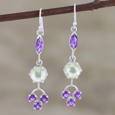 Amethyst and lemon quartz dangle earrings, 'New Dream in Purple' - Amethyst and Lemon Quartz Dangle Earrings from India