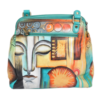 Hand painted leather shoulder bag, 'Enlightened One' - Hand Painted Buddha-Themed Leather Shoulder Bag