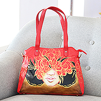 Hand painted leather shoulder bag, 'Fiery Romance' - Hand Painted Floral Leather Shoulder Bag from India