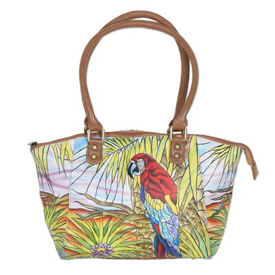 Hand painted leather shoulder bag, 'Forest Songbird' - Hand Painted Parrot-Themed Leather Shoulder Bag