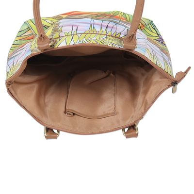Hand painted leather shoulder bag, 'Forest Songbird' - Hand Painted Parrot-Themed Leather Shoulder Bag