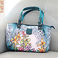 Hand painted leather shoulder bag, 'Floral Enigma' - Artisan Crafted Floral-Themed Leather Shoulder Bag