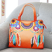 Hand Painted Feather-Themed Leather Sling Bag from India,'Feathered Beauty'