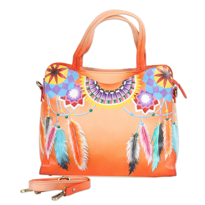 Hand Painted Feather-Themed Leather Sling Bag from India