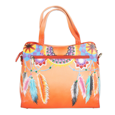 Hand painted leather sling bag, 'Feathered Beauty' - Hand Painted Feather-Themed Leather Sling Bag from India