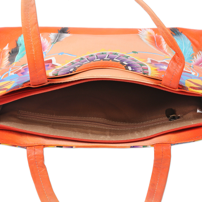 Hand painted leather sling bag, 'Feathered Beauty' - Hand Painted Feather-Themed Leather Sling Bag from India