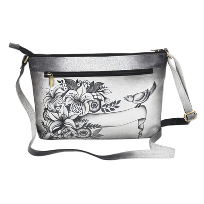 Hand painted leather sling bag, 'Spring Sonata' - Hand Painted Black and White Leather Sling Bag