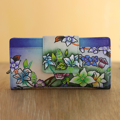 Hand painted leather wallet, 'Blue Lagoon' - Hand Painted Leather Floral Wallet from India